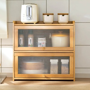Multifunctional countertop storage box with transparent acrylic sliding <b>door</b>, 2-layer bamboo kitchen storage cabinet - Product Image 1