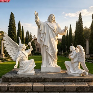 YOUFINE Statue de Jésus-Christ en marbre blanc sculptée à la main avec deux sculptures d'anges, statue religieuse de groupe pour église et jardin - Product Image 1