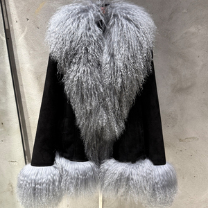 Manteau d'hiver en cuir suédé véritable avec col en fourrure de Mongolie pour femmes, vestes en suédine avec garniture en fourrure - Product Image 4
