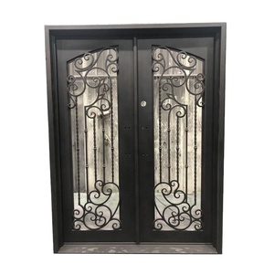Puertas de entrada Puertas delanteras de metal forjado Hierro exterior para casas Hierro forjado Vidrio de acero doble Diseño gráfico Entrada moderna - Product Image 1