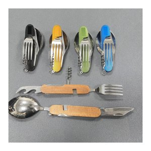 Conception intelligente <span class=keywords><strong>Fourchette</strong></span> Cuillère <span class=keywords><strong>Couteau</strong></span> Couverts Kit <span class=keywords><strong>Couteau</strong></span> <span class=keywords><strong>suisse</strong></span> avec manche en bois d'aluminium Vente en gros Vaisselle multi-usages Combo - Product Image 1