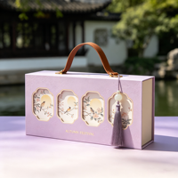 Boîte cadeau de gâteaux de lune de style chinois pour la fête de l'automne, motif traditionnel oiseaux et fleurs, poignée en cuir, emballage haut de gamme