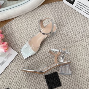 Estate nuova testa quadrata colore nudo cintura trasparente tacco di cristallo sandali da donna 1218 - Product Image 3