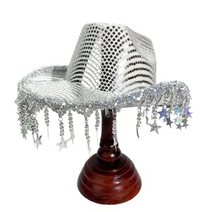 New Hot Silver Mirror Sequin Cowboy <strong>Hat</strong> with Star Tassel Fringe for Outdoor Sports Business Casual Use Unisex - Product Image 5