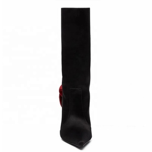 Bottines en daim à fleurs 3D pour femmes, coupe large, mi-mollet, bout pointu, talon haut, bottes courtes, chaussures à talon aiguille, grande taille 46 - Product Image 4