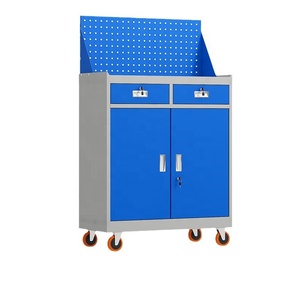 Armadio Portautensili Mobile Rinforzato con Pannello Forato, 2 Cassetti, Doppia Porta con Serratura, Cassettiera Portautensili su Ruote per Garage e Officina, in Acciaio Blu - Product Image 1