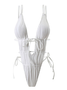 Traje de baño blanco de una pieza para mujer, sexy, con cuello en V profundo, monokini de corte alto, con cordones, fruncido, sin espalda, ahuecado - Product Image 5
