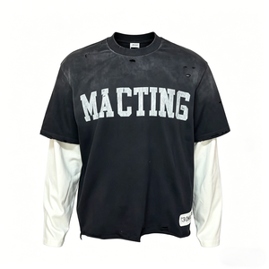 เสื้อยืดแขนยาวโอเวอร์ไซส์ลายกราฟิกผ้าฝ้าย 100% สำหรับผู้ชาย สกรีนลายสองชั้น - Product Image 1