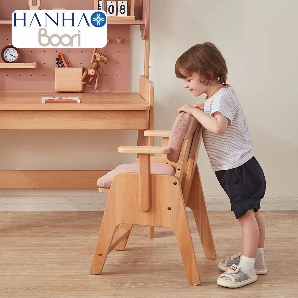 Hanya B2B Boori OEM ODM kayu Solid alami ergonomis bersayap kursi belajar anak-anak pelajar dengan bantal