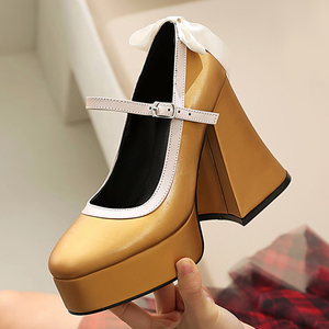 Zapatos de tacón grueso con plataforma y lazo trasero para mujer, estilo Mary Jane con correa de hebilla y punta redonda - Product Image 1