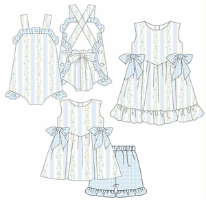 Précommande MOQ 5 – Nouveauté : Vêtements d'été pour bébés filles, motif petites fleurs bleues, style vacances, en coton biologique doux – Collection Trendyism Boutique - Product Image 1