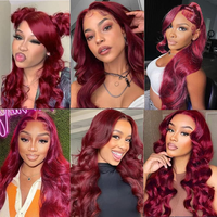 Wig Rambut Asli Body Wave 99J Merah, Wig Rambut Asli Lace Front Warna Burgundy Piano, Wig HD Lace Front untuk Wanita Kulit Hitam
