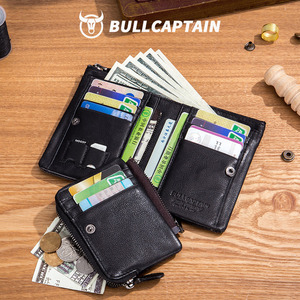 BULLCAPTAIN Men Genuine Leather <b>Wallet</b> Vintage <b>RFID</b> <b>Blocking</b> Anti‑Theft Folding <b>Wallet</b> ID Window Coin Pocket and Zipper Closure - Product Image 2