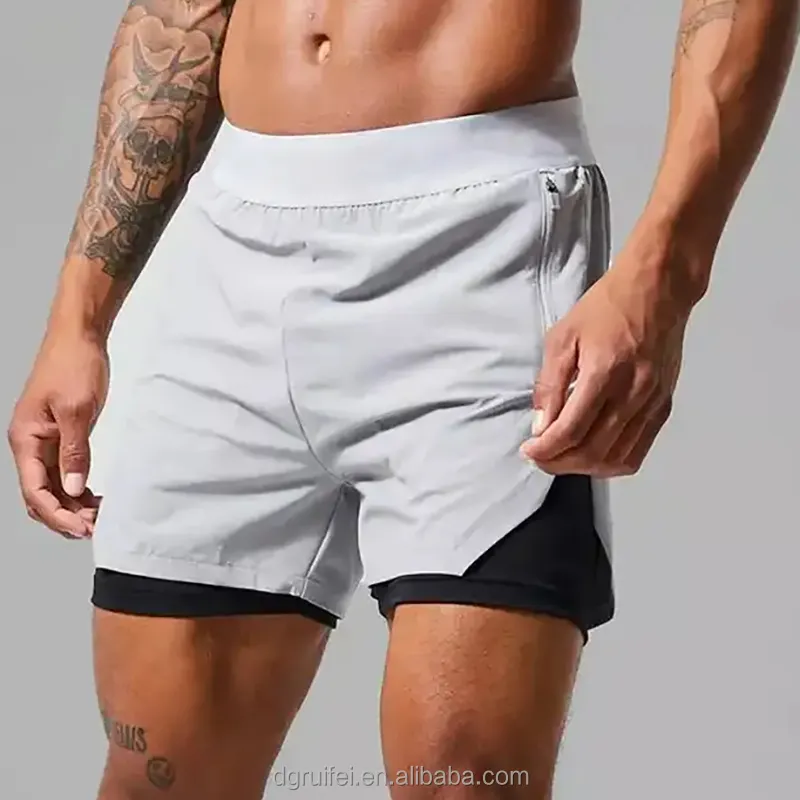 custom brand printed double layer zip pockets quick dry fabric athletic nylon 5 inch workout 2 In 1 running gym shorts for men