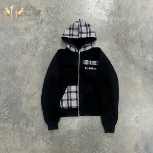 هودي مخصص بشعار مطرز من قوانغتشو هويتنغ، بطبقتين قابل للعكس، بسحاب، واسع، مقصوص، بنقشة مربعات - Product Image 1