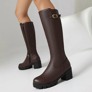 Low Price Metal Buckles Shoes Low Chunky <b>Heels</b> Long Boots Women's Big Size 46 Wide Fit Knee High Booties - Product Image 2