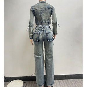 Setelan Jeans wanita, celana kargo 2 potong dan atasan lengan panjang untuk pakaian jalanan wanita dua potong - Product Image 5