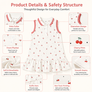 Vestito Polo Casual da <span class=keywords><strong>Bambina</strong></span> con Stampa Ciliegie, 100% Cotone, Senza Maniche, Orlo con Volant, Lunghezza al Ginocchio, Estivo, Disponibile all'Ingrosso - Product Image 3