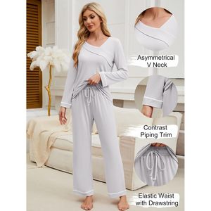 Women's <b>Pajama</b> Sets Soft Long Sleeve 2 Piece Lounge Wear Asymmetrical V Neck Sleepwear With Pockets Casual Home Wear - Product Image 2
