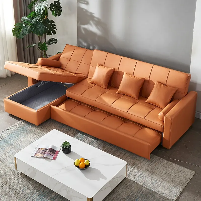 Sofá de cama estilo moderno, sofá de sala de estar com seccionais em forma de l, laranja verde escuro e cinza claro