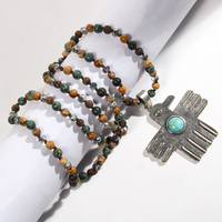 Collier vintage bohème ethnique en pierre naturelle de 6 mm avec nœud en verre, pendentif en turquoise argenté antique en forme d'aigle