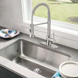 Fırçalanmış mutfak musluk pull-aşağı sprey mutfak lavabo musluğu tek kolu bahar gooseneck musluk yüksek kavisli tabanı ile