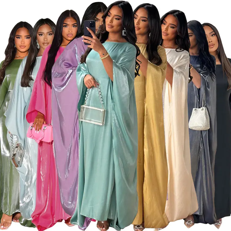 Moda kadın rahat Abaya Dubai türkiye müslüman yaz elbisesi islam giyim Abaya gevşek düz tırmanmak saten yarasa kollu elbise
