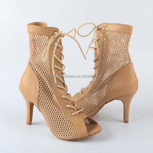 <span class=keywords><strong>Bottines</strong></span> de danse latine personnalisées pour femmes Bachata <span class=keywords><strong>Salsa</strong></span> chaussures de danse abricot PU et maille chaussures de danse à lacets 8.5CM - Product Image 4