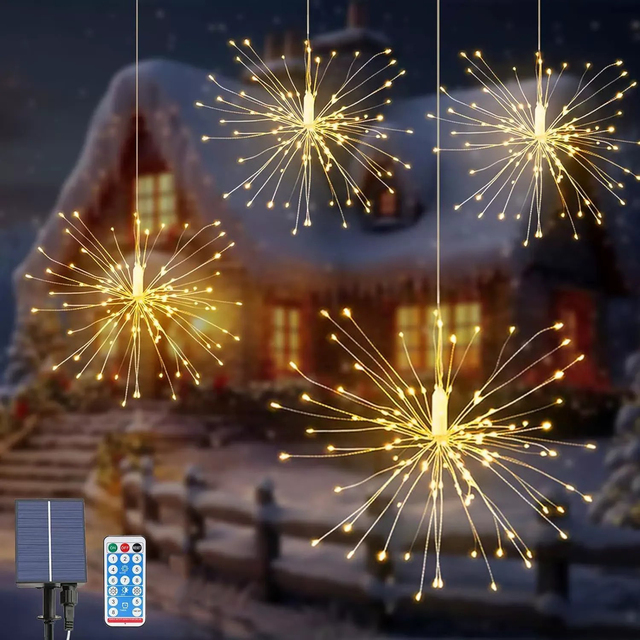 Solar Powered Copper Wire LED Star String Fairy Lights Warm Firework Lights Wedding Party Patio Garden Decor IP65 Rating Remote