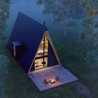 Maison préfabriquée triangulaire à deux étages avec balcon, double niveau et terrasses, idéale pour les hôtels-appartements
