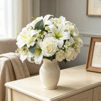 Ramo Mixto de Lirios y Rosas de Seda, Regalo Romántico, Diseño Floral, Arreglo en Jarrón, Centro de Mesa para Bodas, Decoración de Interiores para el Hogar