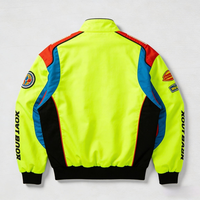 Blouson de course vintage en polyester personnalisé, jaune fluo, avec lettrage en chenille et écussons de course, coupe-vent, style bomber pour motard