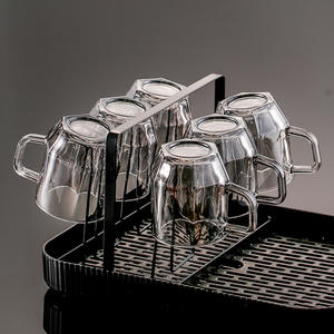 Colgador de tazas de vidrio con bandeja, escurridor de doble capa, forma cuadrada, almacenamiento invertido para tazas de té de sala de estar, tamaño L, tapa metálica - Product Image 3