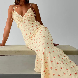 Vestido Maxi de Mujer con Tirantes Finos, Cuello en V, Estampado Floral Amarillo Vintage, Lazo, Volantes en el Busto y Espalda Fruncida, Ideal para Verano, Primavera y Otoño - Product Image 6