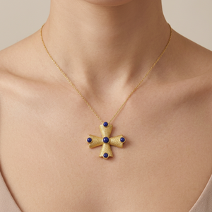 Collar con Colgante Religioso Cristiano de Lapislázuli Natural, Latón Sólido Chapado en Oro de 18k, Cruz Texturizada, Joyería, Collar de Diseño - Product Image 3