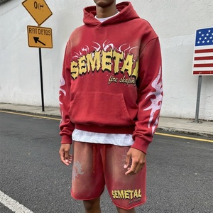 Ensemble de survêtement de luxe personnalisé en deux pièces, imprimé sérigraphié, en coton épais, avec sweat à capuche et short, coupe oversize, effet délavé et strass - Product Image 1