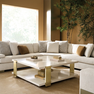 Mesa de Centro Cuadrada de Acrílico Moderna y Lujosa, Personalizada, con Tapa de Vidrio Hecha a Mano y Base de Metal Dorado, Incluye Mesa Esquinera - Product Image 1