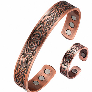Men's Bronze Magnetic <b>Bangle</b> Adjustable Opening Vintage Jewelry <b>Copper</b> Alloy Bracelet Set - Product Image 1