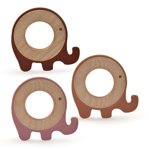 Mordedor de silicona con anillo de madera de haya <span class=keywords><strong>para</strong></span> bebé, juguete de dentición con forma de elefante, de grado alimenticio - Product Image 1