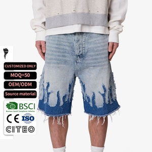 Men Two Tone Flame Cut Frayed Denim Jorts Vintage Wide Leg Street Shorts OEM Custom - Product Image 1