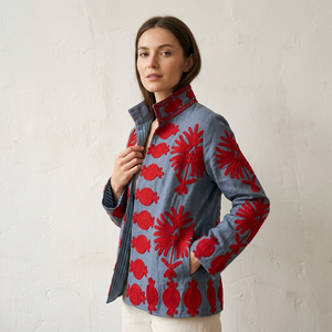 Breathable 100% Velvet Suzani Embroidered Floral Printed Jacket <b>Covered</b> <b>Button</b> Closure Full Sleeve for Women's Spring Autumn - Product Image 1
