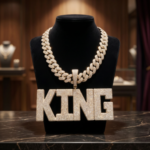 <b>Iced</b> <b>Out</b> KING Letter Pendant with Cuban Link <b>Chain</b> Full Diamond CZ Baguette Necklace Hip Hop Jewelry for Men 925 Silver - Product Image 2