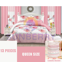 Nouvel ensemble de literie rose à motif floral, 13 pièces, avec drap, couvre-lit, tapis et panier à linge pour la maison