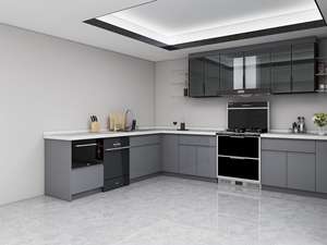 Meuble de cuisine îlot gris laqué brillant en contreplaqué à panneaux plats - Product Image 3