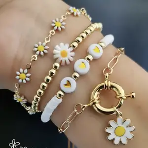 LS-B2566 Hoge Kwaliteit Vergulde Enamel Heishi Kralen Armband, Fashion Flower Heart Charm Armband Sieraden Voor Groothandel