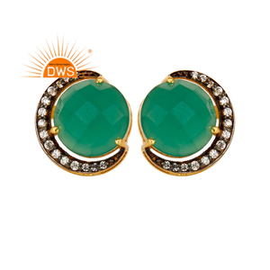CZ Green <b>Onyx</b> Gemstone <b>Earrings</b> 18k Gold Plated 925 Silver Half Moon Designer Stud <b>Earrings</b> Jewelry Supplier - Product Image 1