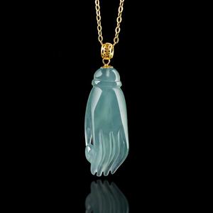 หยกธรรมชาติสีน้ำเงินหยกน้ำทะเลรูปมือกวนอิม จี้หยกประดับทอง 18K เครื่องประดับพุทธสำหรับผู้หญิง พร้อมใบรับรอง D146 - Product Image 2