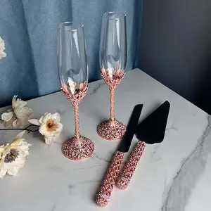 Rose Gold Diamond Inlay Wedding party Champagne Goblet Set Champagne Glass Flutes Hộp quà tặng với bánh dao xẻng