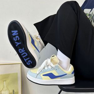 Trendy Hong Kong Style Women Bread Shoes, Blue Yellow Lightning Color <b>Block</b> Vibe, Letter Print Thick Sole Campus Skate - Product Image 1