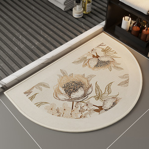Tapis de salle de bain demi-cercle floral imitation lin antidérapant absorbant séchage rapide pour la maison - Product Image 1